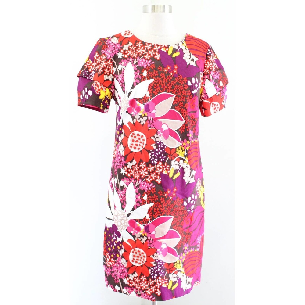 Trina Turk Colorful Bold Floral Print Sheath Dress Size 6 Puff Sleeve Purple Red